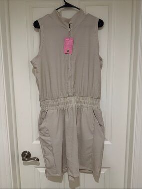 Sleeveless Zip-Front Romper in Light Beige